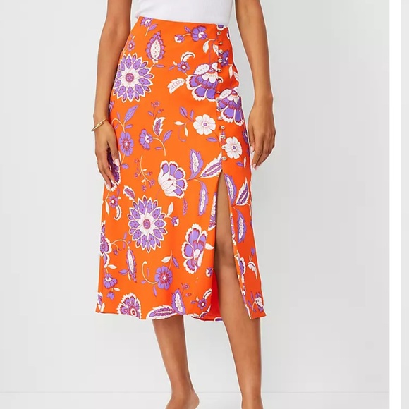 Ann Taylor Dresses & Skirts - Ann Taylor Floral Button Slit Midi Slip Skirt Orange XS NWT